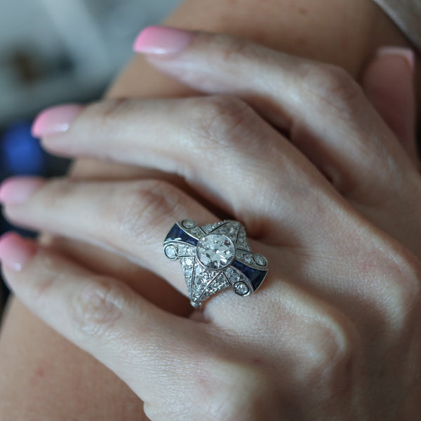 ART DECO 1925 Platinum Cocktail Ring With 3.65 Ctw In Diamonds & Sapphires