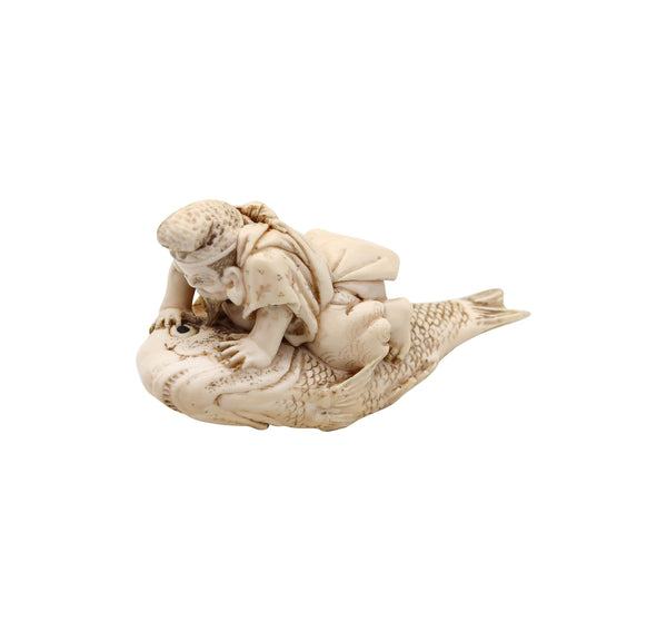 JAPAN 1910 Meiji Okimono Sculpture of Kinko Sennin On a Carp Carved In Ivory