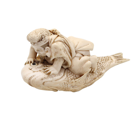 JAPAN 1910 Meiji Okimono Sculpture of Kinko Sennin On a Carp Carved In Ivory