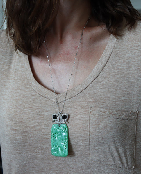 VEVER Paris 1920 Deco Platinum Necklace-Brooch With Jadeite, Diamonds & Onyx