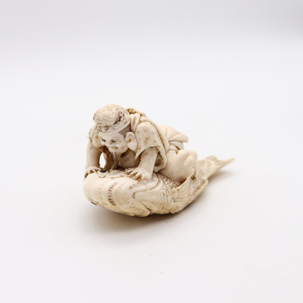 JAPAN 1910 Meiji Okimono Sculpture of Kinko Sennin On a Carp Carved In Ivory