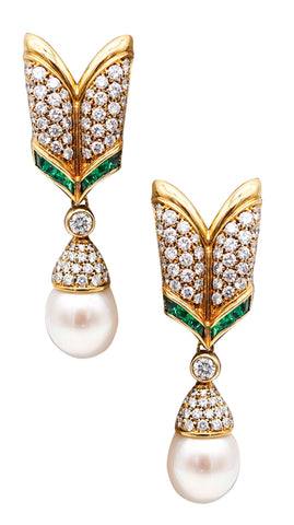 -Picchiotti Dangle Drop Pearls Earrings 18Kt Gold 4.07 Ctw In Diamonds And Emeralds