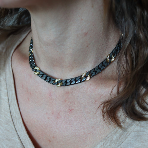 FRED Paris 1970 Two Tones Necklace Chain In 18Kt Yellow Gold & 1.98 Ctw Diamonds