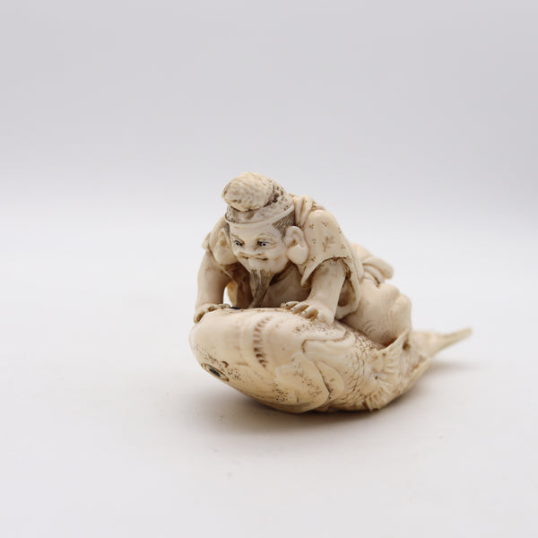 JAPAN 1910 Meiji Okimono Sculpture of Kinko Sennin On a Carp Carved In Ivory