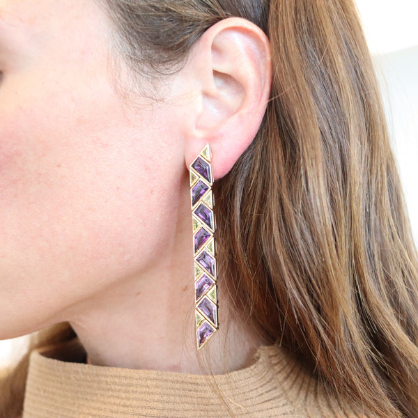 MARINA BVLGARI 1989 Pyramide Dangle Earrings In 18Kt Gold & 47.5 Ctw Gemstones