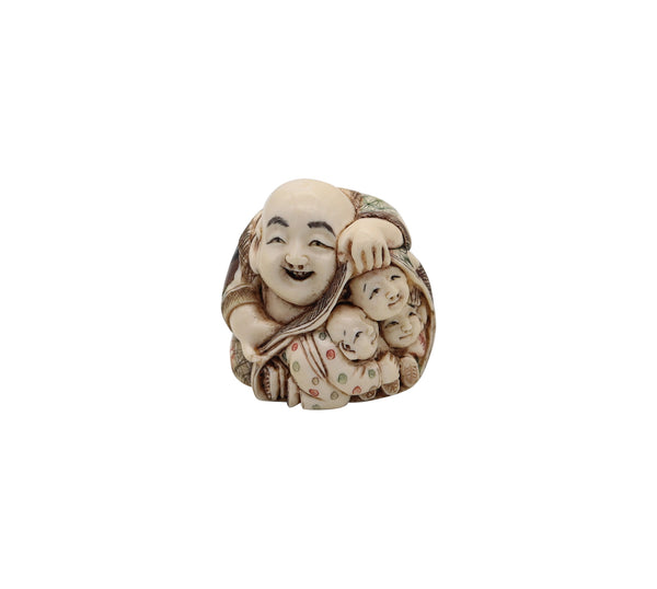 JAPAN 1910 Meiji Polychromate Netsuke of Hotei Carved In Ivory