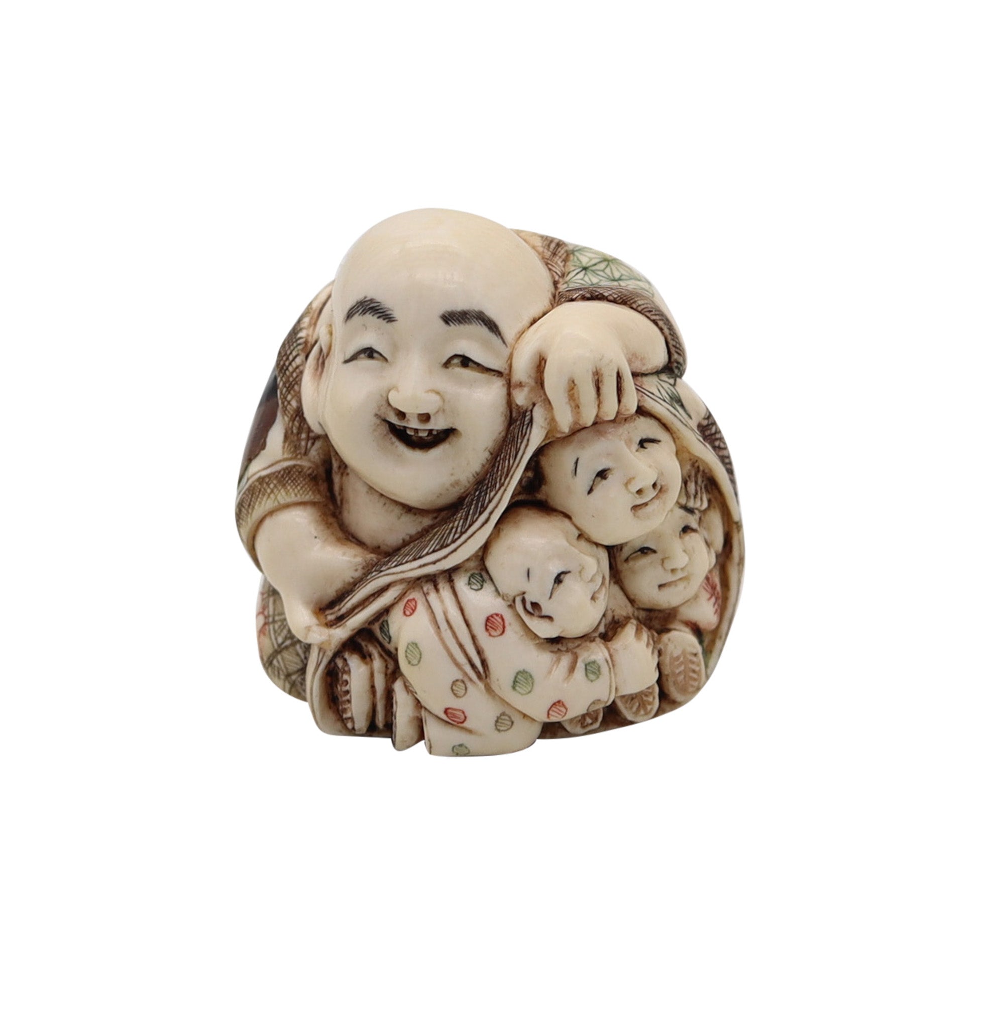 JAPAN 1910 Meiji Polychromate Netsuke of Hotei Carved In Ivory