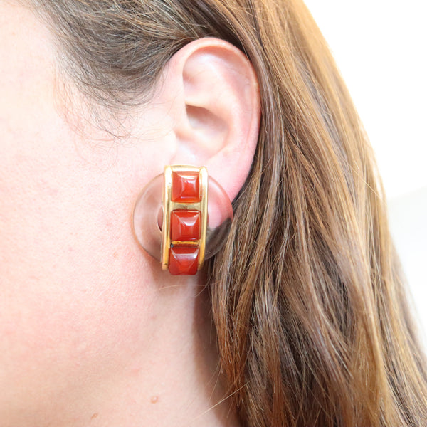 CARTIER 1973 By Aldo Cipullo Clips On Earrings In 18Kt Gold Rock Crystal & Carnelians
