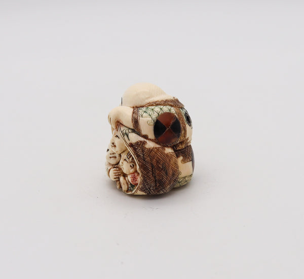 JAPAN 1910 Meiji Polychromate Netsuke of Hotei Carved In Ivory