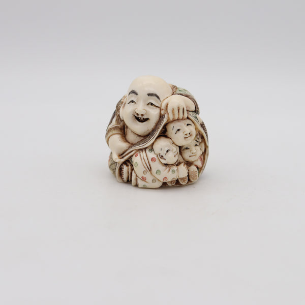 JAPAN 1910 Meiji Polychromate Netsuke of Hotei Carved In Ivory