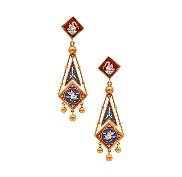 -Roman Revival 1850 Papal States Earrings In 18Kt Yellow Gold Swan In Micro Mosaic