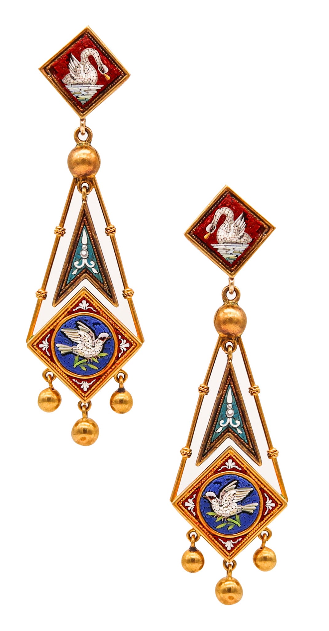 -Roman Revival 1850 Papal States Earrings In 18Kt Yellow Gold Swan In Micro Mosaic