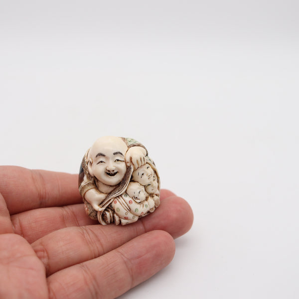 JAPAN 1910 Meiji Polychromate Netsuke of Hotei Carved In Ivory