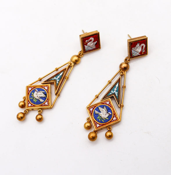 -Roman Revival 1850 Papal States Earrings In 18Kt Yellow Gold Swan In Micro Mosaic