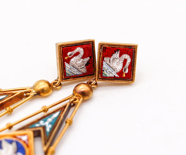 -Roman Revival 1850 Papal States Earrings In 18Kt Yellow Gold Swan In Micro Mosaic