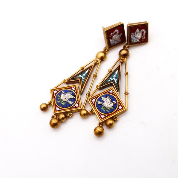 -Roman Revival 1850 Papal States Earrings In 18Kt Yellow Gold Swan In Micro Mosaic