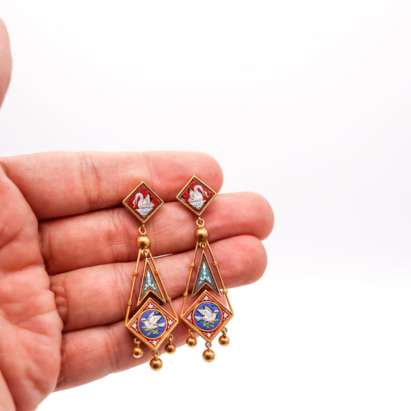 -Roman Revival 1850 Papal States Earrings In 18Kt Yellow Gold Swan In Micro Mosaic