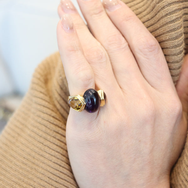 MARINA B. Modernist Lion Cocktail Ring In 18Kt Yellow Gold With Amethyst & Citrines