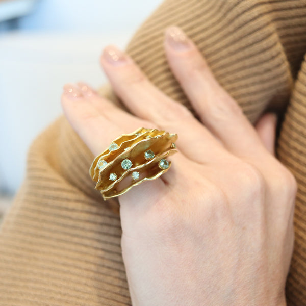 AUDE LECHERE Sculptural Cocktail Ring In 18Kt Yellow Gold With Green Sapphires
