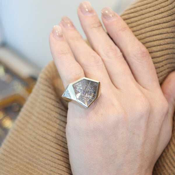 KAVERAS Geometric Cocktail Ring In 18Kt Gold With Diamonds & Rutile Quartz