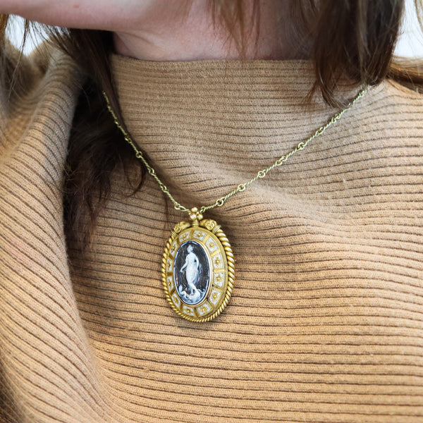 ERNEST PIERRET 1880 Etruscan Micro Mosaic Pendant Brooch In 18Kt Gold & Sardonyx