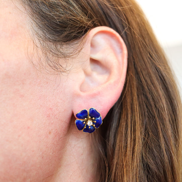 TIFFANY & CO. Blue Enameled Flowers Earrings In 18Kt Yellow Gold With VS Diamonds