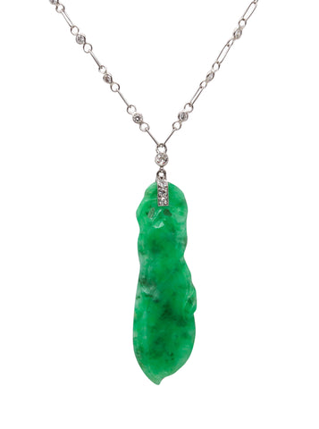 ART DECO 1920 European Platinum Necklace With Carved Jadeite Jade & Diamonds