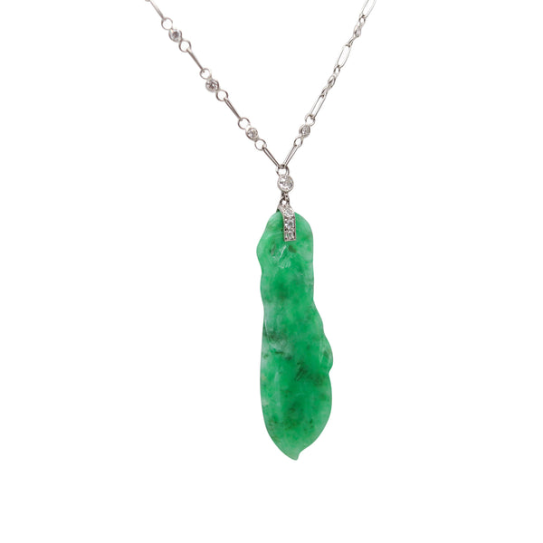 ART DECO 1920 European Platinum Necklace With Carved Jadeite Jade & Diamonds