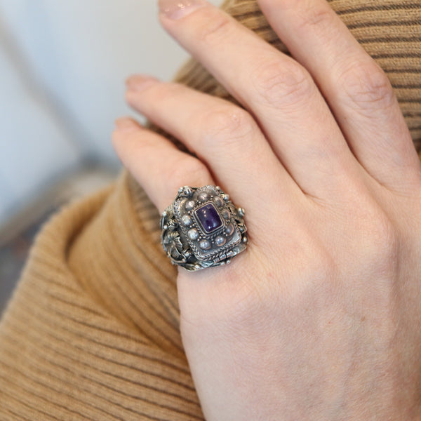 ART-DECO 1930 Poison Hidden-Box Ring In .925 Sterling Silver With Amethyst