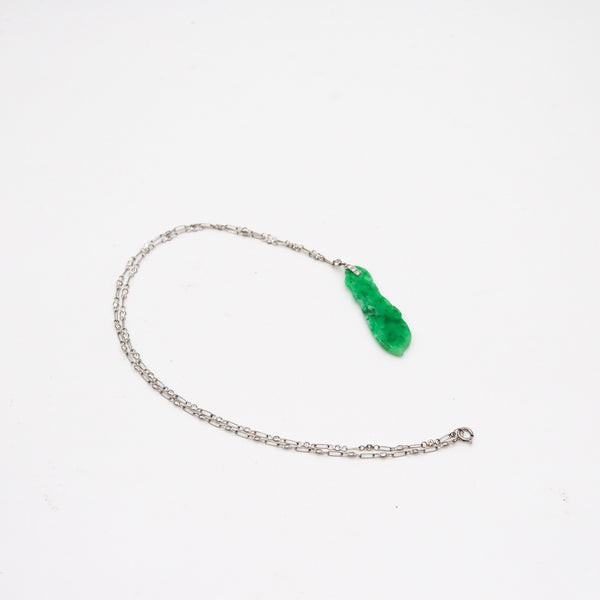 ART DECO 1920 European Platinum Necklace With Carved Jadeite Jade & Diamonds