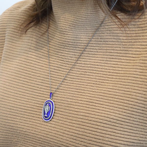 GEORGIAN 1820 Blue And White Enameled Necklace In Sterling Silver With Marcasite