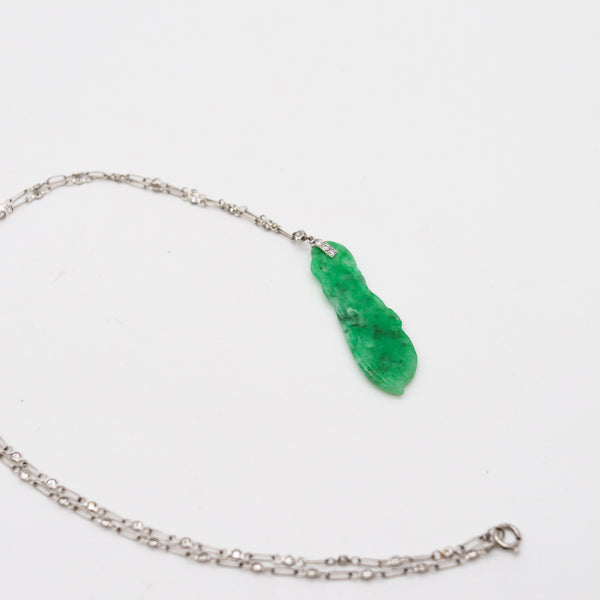 ART DECO 1920 European Platinum Necklace With Carved Jadeite Jade & Diamonds