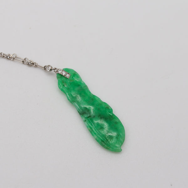 ART DECO 1920 European Platinum Necklace With Carved Jadeite Jade & Diamonds
