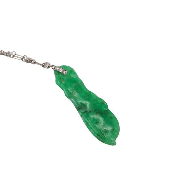 ART DECO 1920 European Platinum Necklace With Carved Jadeite Jade & Diamonds
