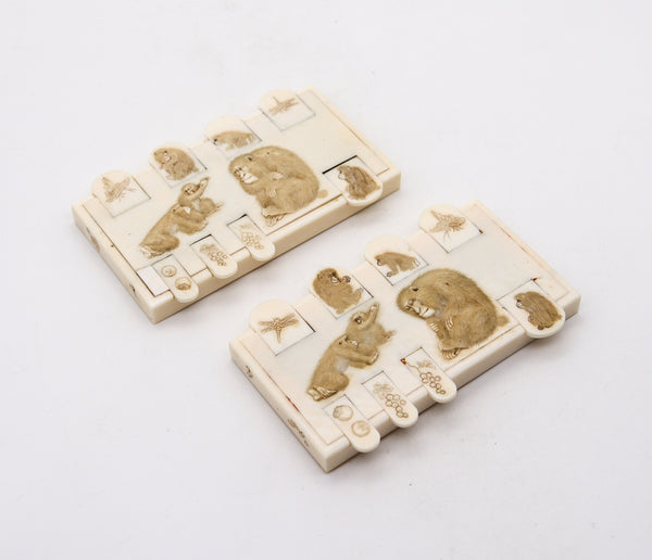 JAPAN 1900 Meiji Pair of Ivory Bezique Whist Game Counters With Monkeys