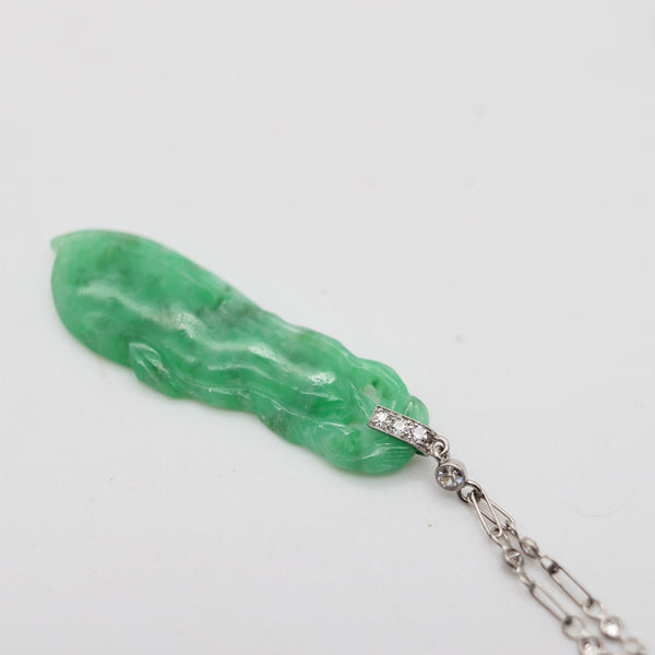 ART DECO 1920 European Platinum Necklace With Carved Jadeite Jade & Diamonds