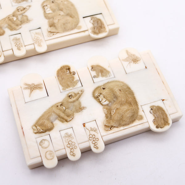 JAPAN 1900 Meiji Pair of Ivory Bezique Whist Game Counters With Monkeys