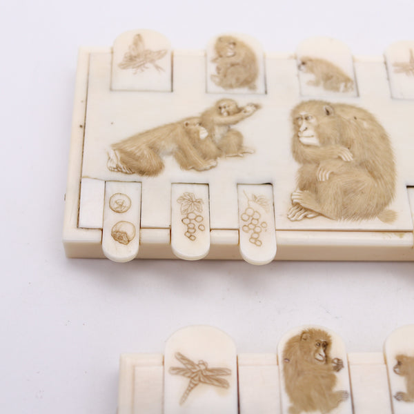 JAPAN 1900 Meiji Pair of Ivory Bezique Whist Game Counters With Monkeys