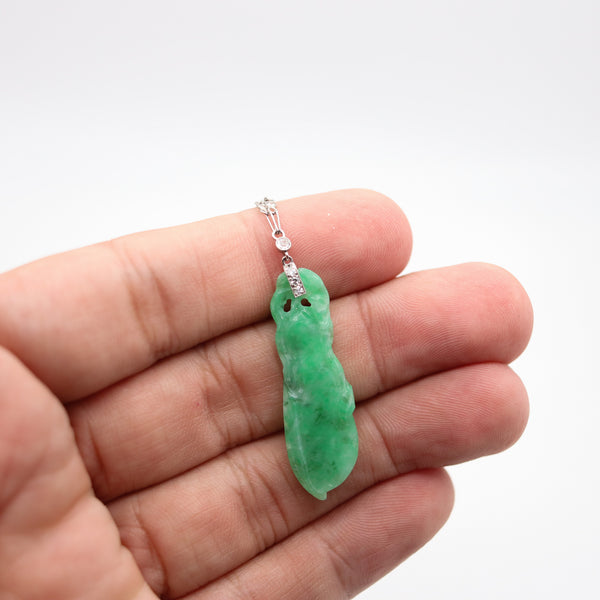 ART DECO 1920 European Platinum Necklace With Carved Jadeite Jade & Diamonds