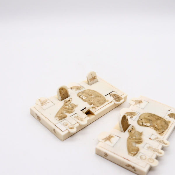 JAPAN 1900 Meiji Pair of Ivory Bezique Whist Game Counters With Monkeys