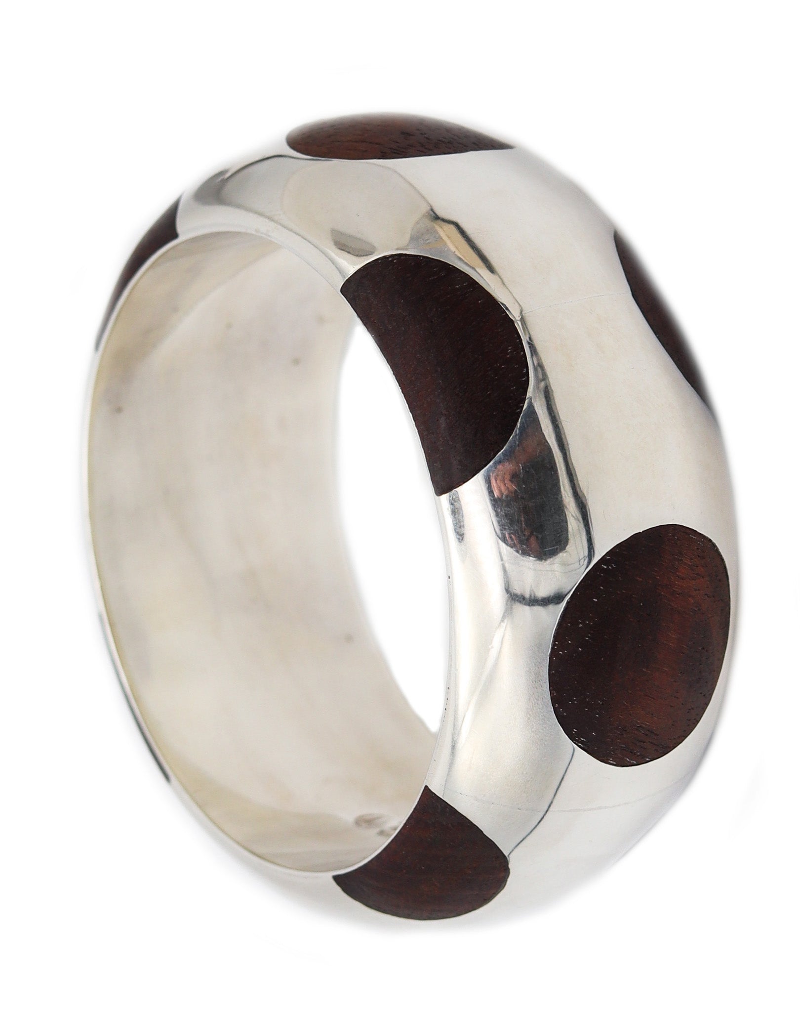 MEXICO 1970 Taxco Modernist Bangle In .925 Sterling Silver With Carved Woods