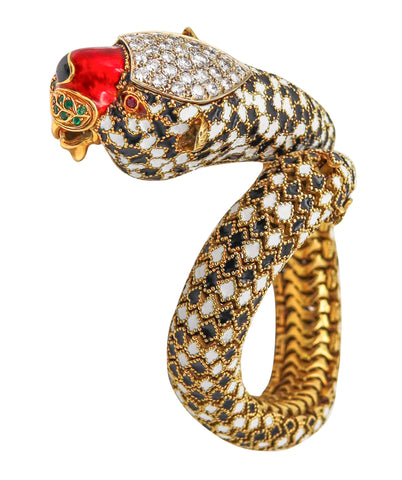 CORLETTO 1960 Enameled Flexible Feline Bracelet In 18Kt Gold With Gemstones