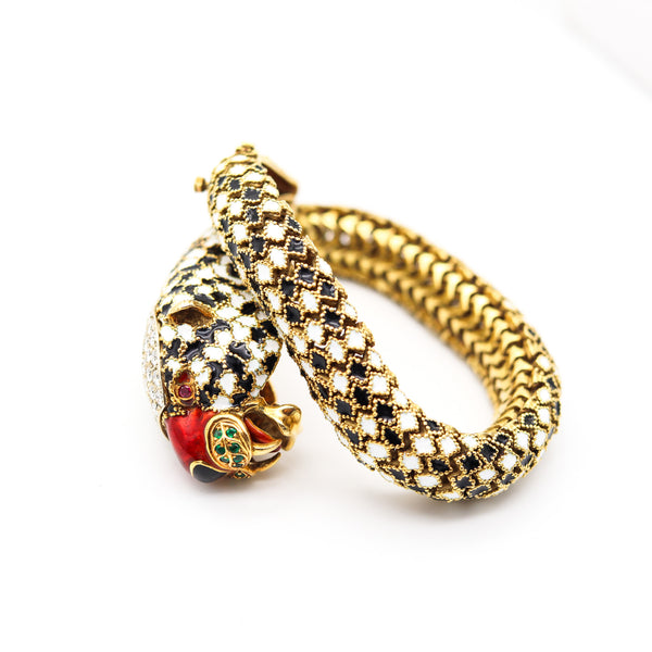 CORLETTO 1960 Enameled Flexible Feline Bracelet In 18Kt Gold With Gemstones