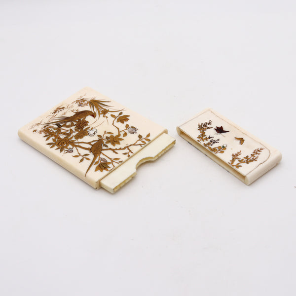 JAPAN 1890 Shibayama Cards Holder In Carved Ivory With Gemstones