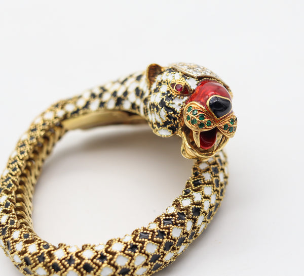 CORLETTO 1960 Enameled Flexible Feline Bracelet In 18Kt Gold With Gemstones