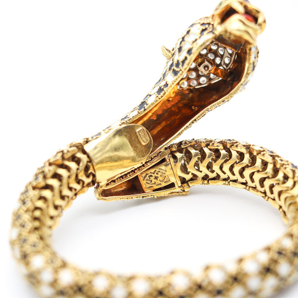 CORLETTO 1960 Enameled Flexible Feline Bracelet In 18Kt Gold With Gemstones