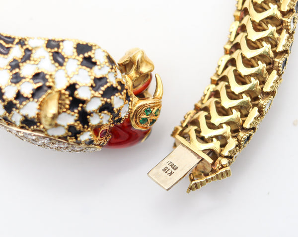 CORLETTO 1960 Enameled Flexible Feline Bracelet In 18Kt Gold With Gemstones