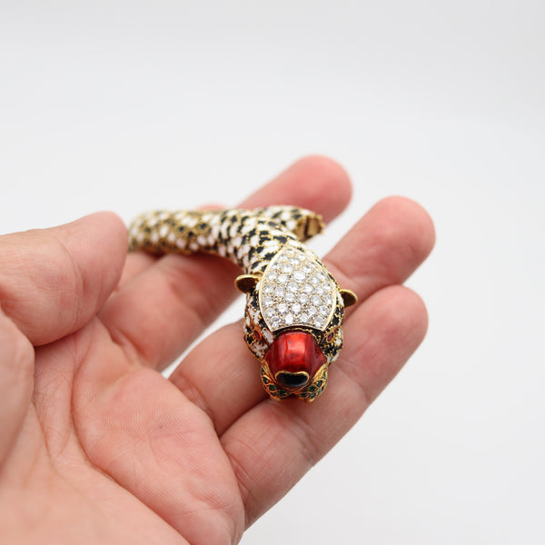 CORLETTO 1960 Enameled Flexible Feline Bracelet In 18Kt Gold With Gemstones