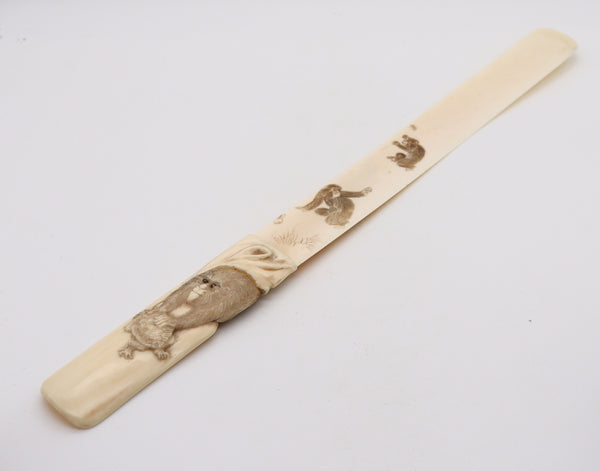 JAPAN 1900 Meiji Letter Opener Carved In Ivory With Monkeys