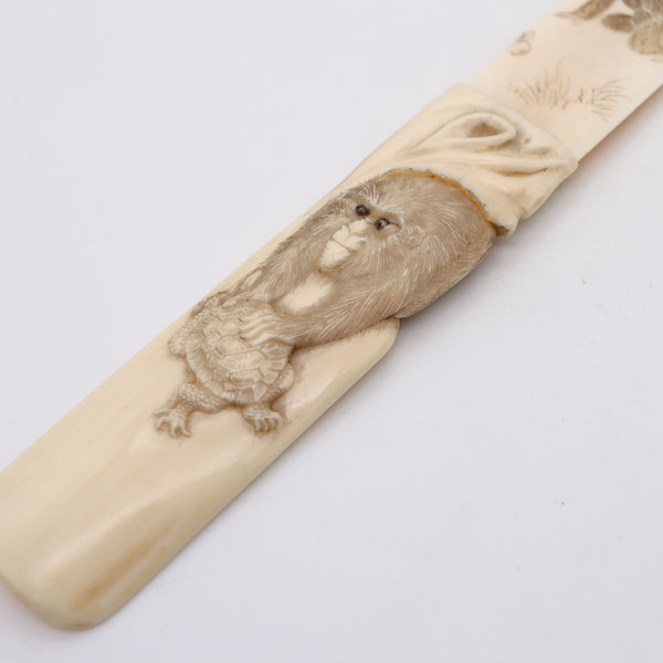 JAPAN 1900 Meiji Letter Opener Carved In Ivory With Monkeys